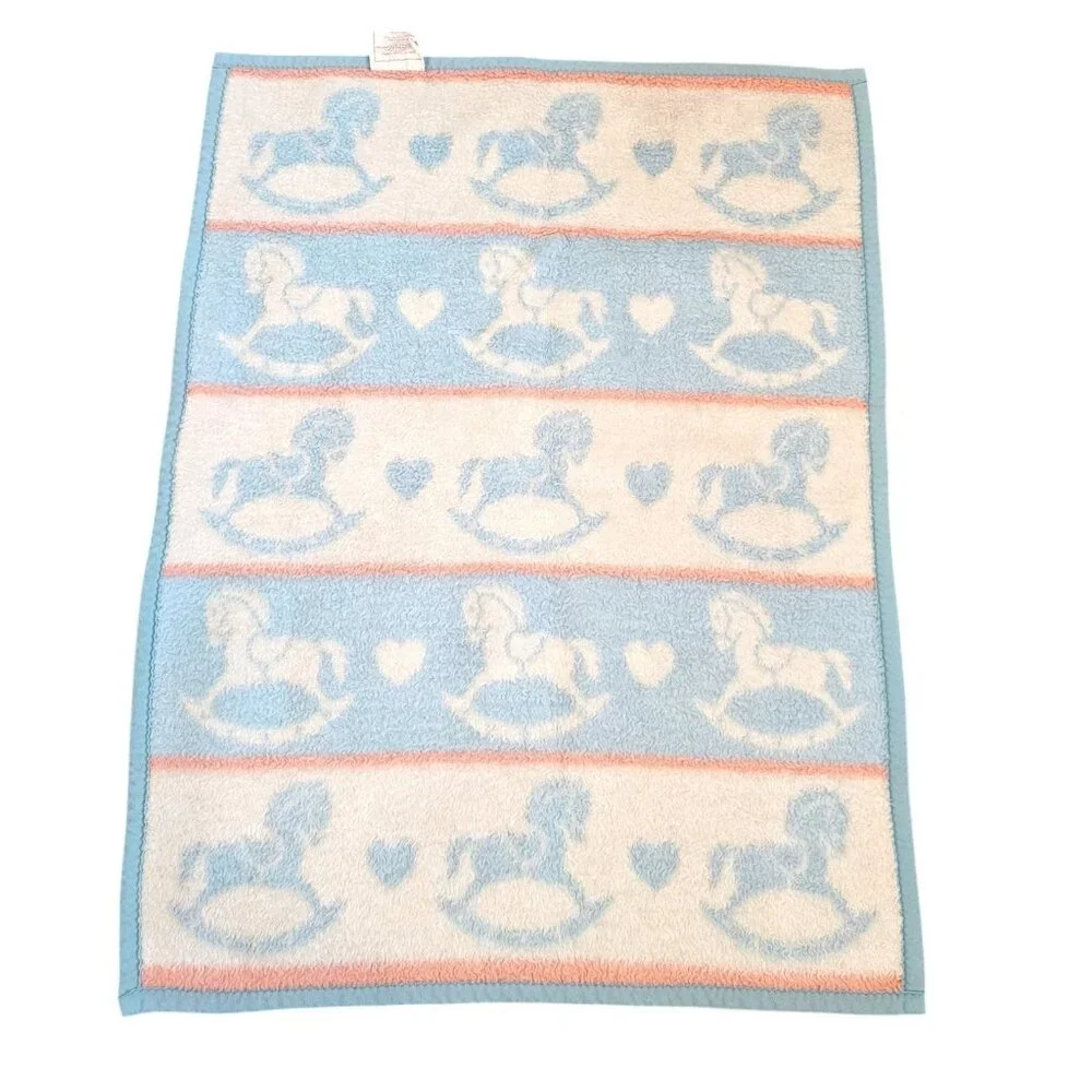 Vintage Blue Rockinghorse Baby Blanket Hearts Acryl Velours‎ Biederlack USA Made